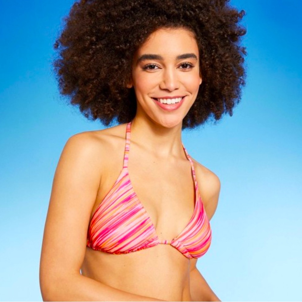 Wild fable Triangle Bikini Top in Pink Space Dye & Bright Pink Bottom XS…